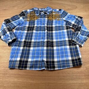 Denim & Co Womens XL Blue Plaid Embroidered Roll Tab Sleeve Babydoll Shirt Top